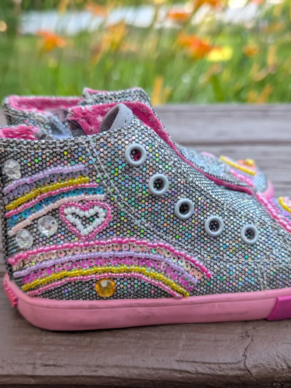 Kids Lelli Kelly Rainbow Sequin High-Top Sneakers Rainbows and Hearts Sz. 24/7.5